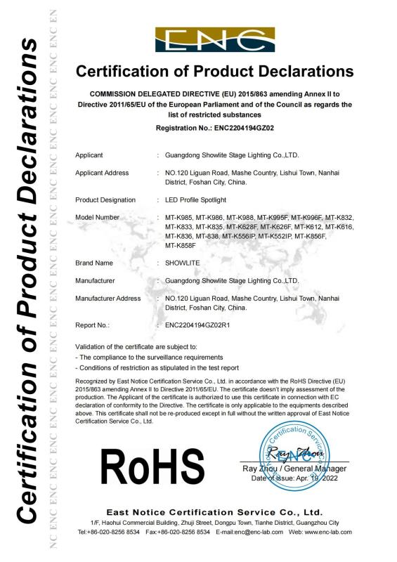 RoHS CERTIFICATE - Guangdong Showlite Stage Lighting Co., Ltd