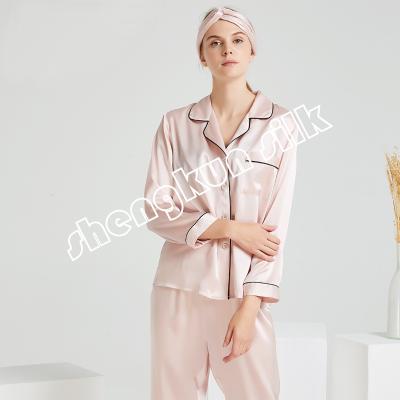 China Wholesale QUICK DRY Customized Women Pure Silk Pajamas Shirt Set Sleepwear Two Piece Push Up Collar Pink for sale