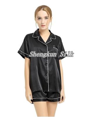 China QUICK DRY 100% nature silk pajamas for men women customer design logo home hotel silk short sleeves pajamas for sale