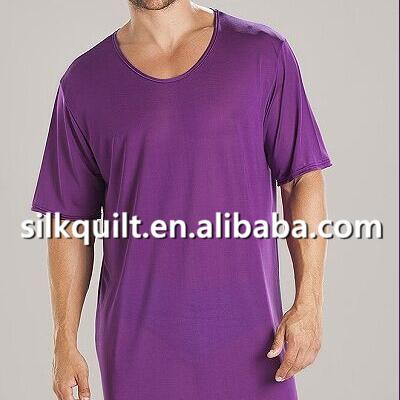 China Mens Solid Color Summer Blue Pajamas Sleepwear Breathable Natural Silk Long Nightgown Pajamas for sale