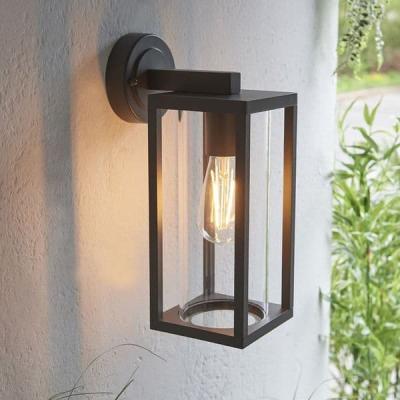 China Tempered Glass Aluminum Matte Black Box With Round Glass Shade Outdoor Lantern Lamp Wall Outside E27 for sale