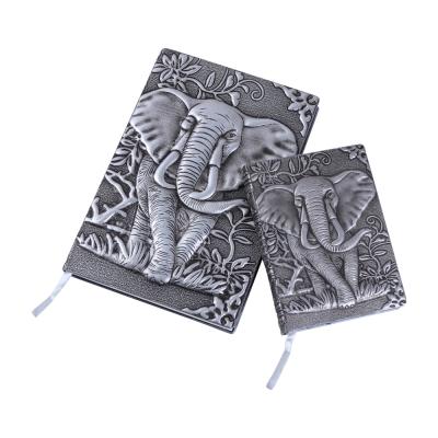 China A5 Hardcover Lined Antique Elephant 3D Embossed Handmade Travel Journal Hard Leather Notebook (Silver) for sale