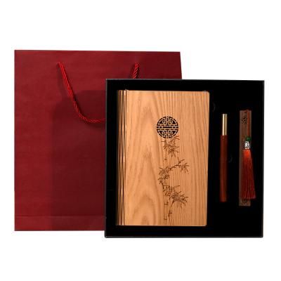 China High Quality Chinese Style Wooden Custom Logo A5 Notebook Hard Cover Notebook Planner Gift Set for sale