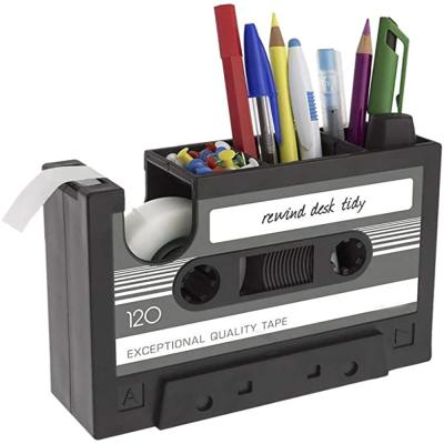 중국 Retro Pen Holder Cassette Recorder Dispenser Students Stationery Desk Pen Holder Organizer - Black 판매용