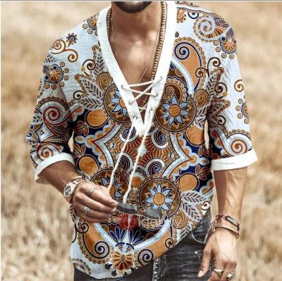 China 2022 hot men's anti-pilling chest half sleeve lace-up grain shirt printed loose shirt top for sale