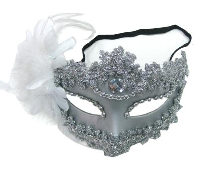 China Classic Halloween Carnival Party Prop Feather Fetival Mask With White Feather Silver Trim For Women for sale