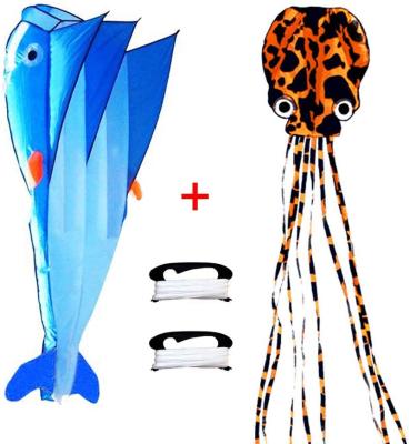 China Polyester Lamonty Large 2 Pack Kites Blue Dolphin Kite and Orange Octopus for Kids and Adult with Colorful Long Tail for sale