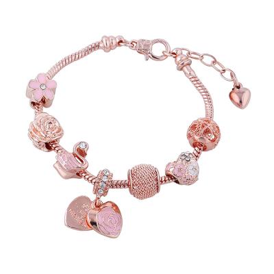 China Best Selling Lead Free Nickel Free Rose Gold Rhinestone Crystal Flower Heart Charm Bracelet Oil Drop Flower Charm Bracelet for sale