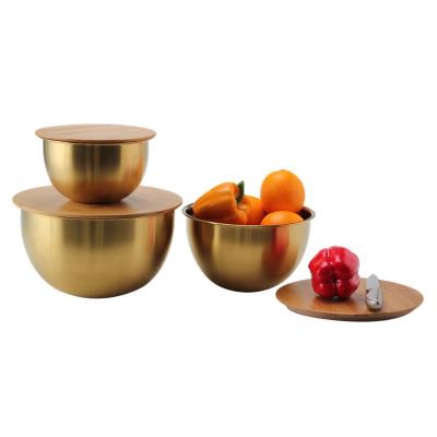 China Disposable Golden Nesting Bowls Set Of 3 With Bamboo Lid , Stainless Steel Mixing Bowls for sale