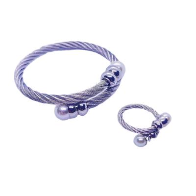 China Environmental Friendly Custom European and American Stainless Steel Bead Inlaid Women's Cable Bracelet Ring Set for sale