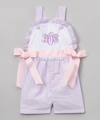 China 100% Cotton Toddler Seersucker Bottom Romper Ribbon Ruffle Jumpsuit Summer Easter Holiday One Piece Suit for sale