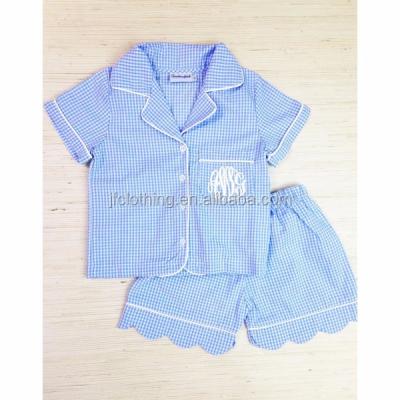 China Cozy 100% cotton (SM106#blue) blue 2-6T gingham loungewear with scalloped trim shorts set for kids pajamas for sale