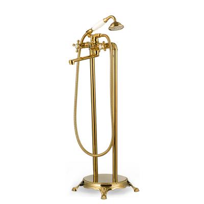 China Floor Stand Faucets BS-23011A-3 Best Set Bath Floor Mounted Bathtub Antique Gold Exposed Shower Faucets for sale