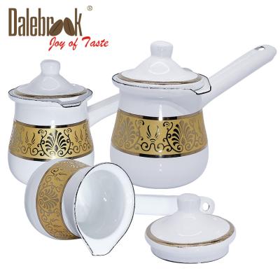 China Dalebrook Tea Milk Pot Turkish Coffee Pot Arabic Cezve Ibrik Enamel Viable Greek Ceramic Coffee Cup Heater White Gold Cookware Set for sale