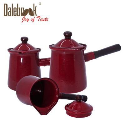 China WITH LID 2021 Hot Selling 6pcs Enamel Portable Coffee Pot Warmer Set Wooden Handle Milk Pot for sale