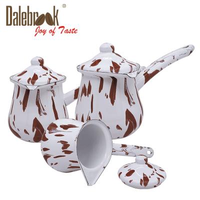 China Dalebrook Viable Turkish Arabic Cezve Greek Enamel Ceramic Coffee Pot Classic Coffee Mug Butter Warmer Milk Pot Cookware 3pcs Set for sale