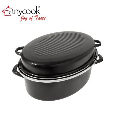 China Anycook Turkey Roaster Oval Pan Baking Tray w/Metal Cover 2pcs Porcelain Utensils Enamel Pot Ceramic Cookware Chicken Stock Fish Oval for sale