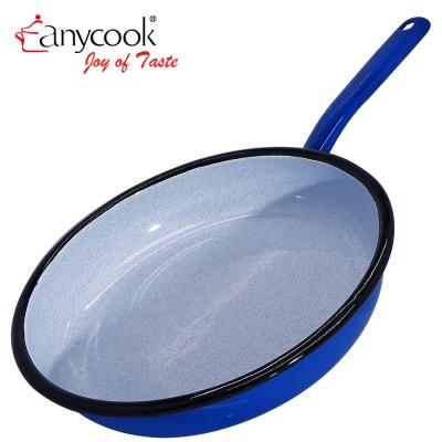 China Anycook Sustainable Classic Round Pan Enamel Plate Cookware Blue Enamel Flat Frying Outdoor Camping Indoor Stove for sale