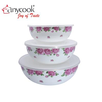 China Disposable 3pcs Enamel Bowl Sets Porcelain Food Storage Popcorn Mixing Bowls With PP Lid Technic Dish for sale