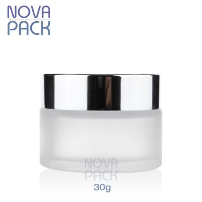 China 30ml Wide Mouth 1oz Opaque Matte Matte White Gel Skin Care Packaging Cream Frosted Glass Cosmetic Jar With Black Lid for sale