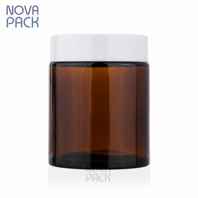 China 60ml 100ml 120ml Cosmetic Wide Mouth Straight Sided Clear Amber Glass Jar 2oz 4oz Body Butter Sugar Scrub Cosmetic Jars With Black Lid for sale