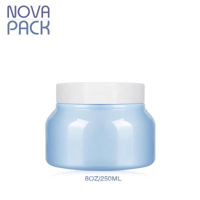 China Cosmetic Plastic Packaging 250ml PET Detergent Balm Jar Plastic Facial Hair Wax Jar 8oz Blue PET Plastic Facial Body Scrub Jar With White Cap for sale