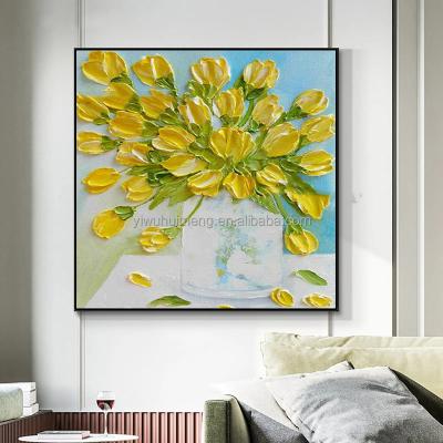 China Morden 100% Hand Painted Abstract Yellow-Orange Flower Thick Popular Wall Artwork Abstract Flower Handmade Oil Painting for sale