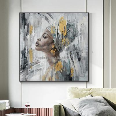 China 100% Hand Painted Square Modern Gold Foil Canvas Abstract African People Woman Painting for sale