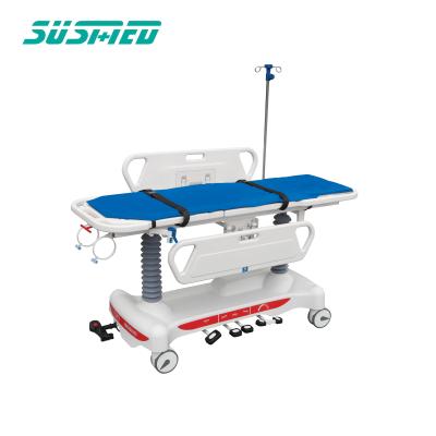 China Plastic Part ABS Manual MRI OT Transfer Hospital Trolley Stretcher Trolley Medical Patient Transfer Bed for sale