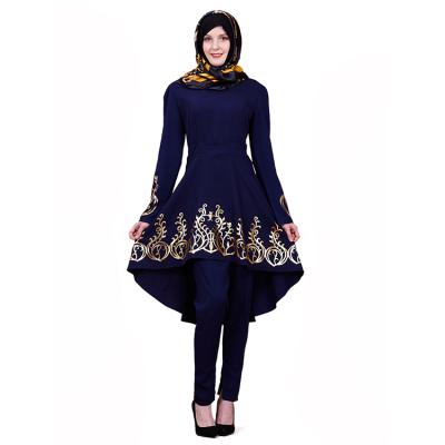 China Breathable Gold Print Dressing Female Islamic Clothing Blue Lady Short Muslim Office Dress for sale