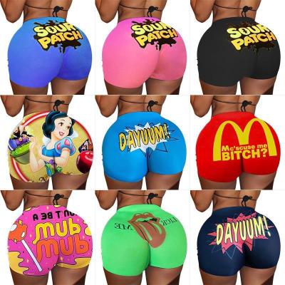 China Plus Size Hot Selling Print Candy Snack Biker Cute Stretchy Shorts 2020 Hot Comfy Women High Waist for sale