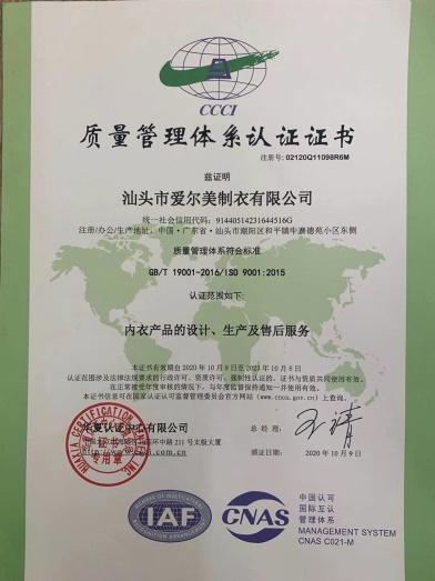 ISO9001 - Shantou Aiermei Garment Co., Ltd.