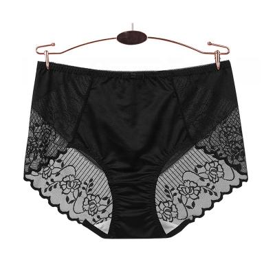 China Traceless Women Breathable Satin Floral Lace Panties Elastic Female High Mid Waist With Lace Panties for sale