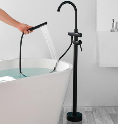 China Without Slide Bar Elegant Design Solid Brass Black Floor Stand Freestanding Bath Tub Faucets for sale