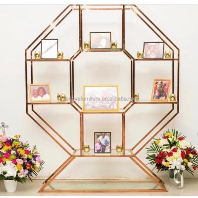 China 2022 Wedding Party Event Decoration Gold Stainless Steel Frame Wine Shelves Bar Back To Wedding Display for sale