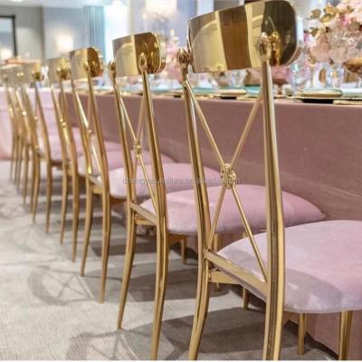 China Contemporary Rose Gold Cushion Stainless Steel Frame Wedding Chair For Events for sale