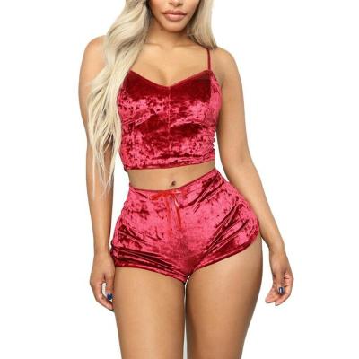 China QUICK DRY Women Sexy Velvet Pajamas Sets Ladies Lace Up V Neck Crop Top Shorts 2Pcs Sleepwear Lingerie Pajamas Sets for sale