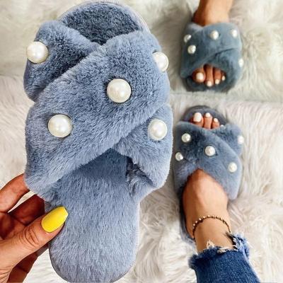 China Fashion Trend Women Soft Plush Lightweight Bedroom Slippers Non Slip Cross Band Slip On Open Toe Cozy Indoor Outdoor Slippers for sale