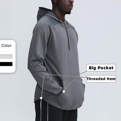 China QUICK DRY Mens Half Zipper Hoodie With Kangaroo Pocket Sports Fitness Sweatshirt No-pill Ribbed Edge for sale