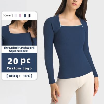 China Breathable High Stretch Square Neckline Ribbed Sports T-shirt Women Yoga Slim Fit Longsleeve Running Tops for sale