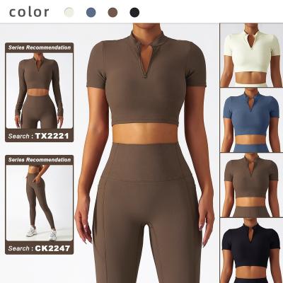 China New Breathable Half Zipper Women Yoga Sports Ribbed Crop Tops Shortsleeve Fitness Shockproof T-shirts for sale