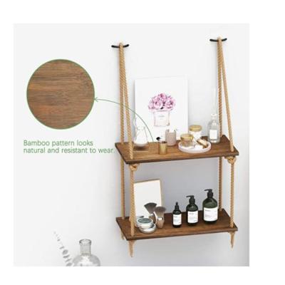 China Adjustable (Height) Selling Like Hot Cakes Decorative Wall Hanging Functional Shelves Dangle Rope Shelf Floating Wooden Two Tier Shelf for sale