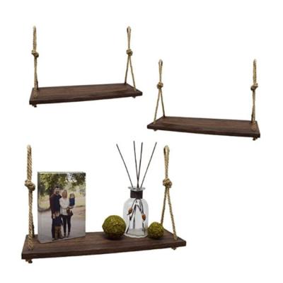 China Hot Selling Adjustable Farmhouse Rope Shelves Triangle Hanging Wood Macrame Driftwood Beam Wood Shelf For Plants for sale