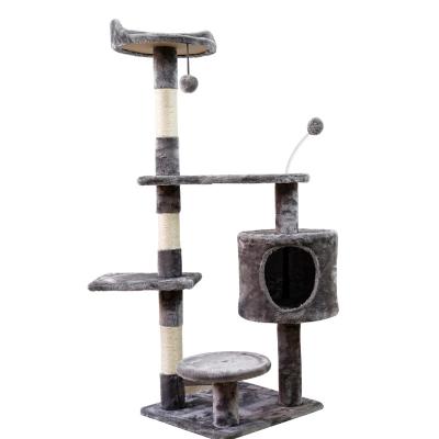 China Gray Elegant Plush Kitten Wooden Sustainable Houses Entertainment Striping Post Tower Cat Tree Deck for sale