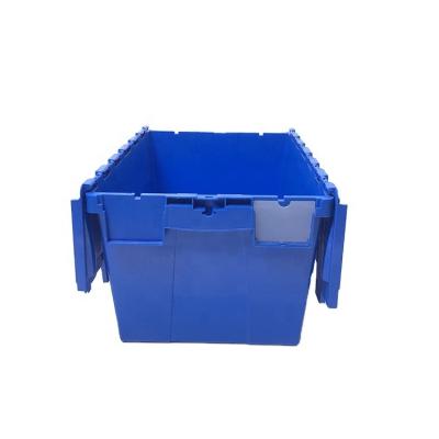 China plastic logistic storage tote crate for storage and moving, attached lid container box à venda