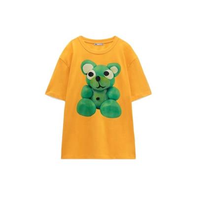 China Custom Good Quality Design Anti-wrinkle Printing Green Bear Pattern 100% Cotton Printing Ladies T-shirt for sale