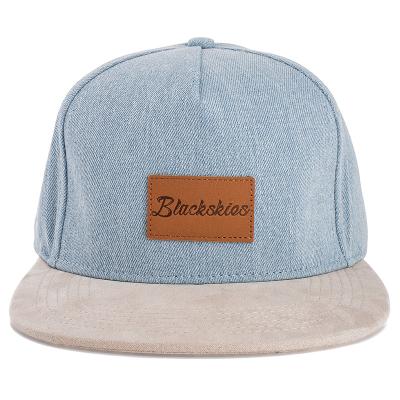 China OEM JOINT Panel Leather Label Patch Hats 5 A Frame Denim Snapback Hat Custom Logo for sale