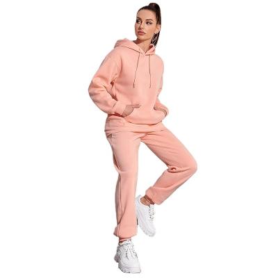 China Breathable Stylish Jogger Women Solid Sweatshirt Set Pink Ladies Two Piece Jogger And Hoodie Set Custom Cotton Female Gym Tracksuit for sale