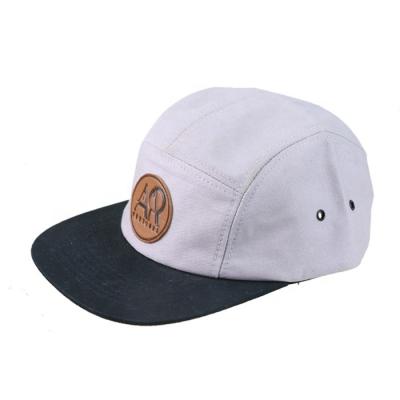 China JOINT Print Strapback Design Your Own Logo Patch Leather White Woven Hat / 5 Panel Hat for sale