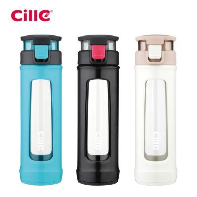 China Cille 450ML BPA Free Custom Viable Borosilicate Sport Single Wall Glass Drinking Water Bottles With Plastic Jacket Products Supply for sale